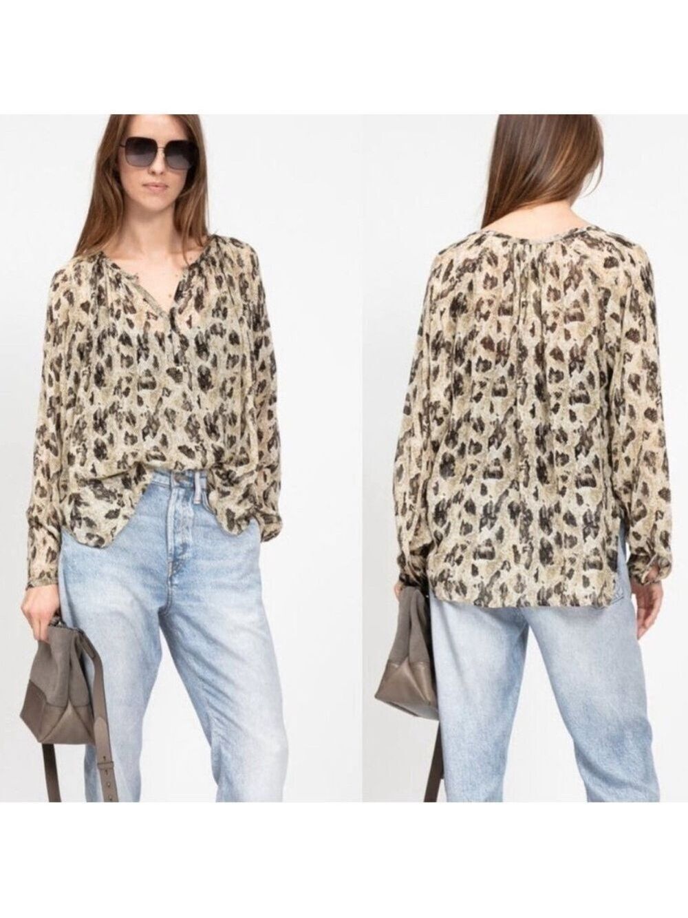 Rag & Bone Yuni Printed Blouse Top in Light Green Animal size Large